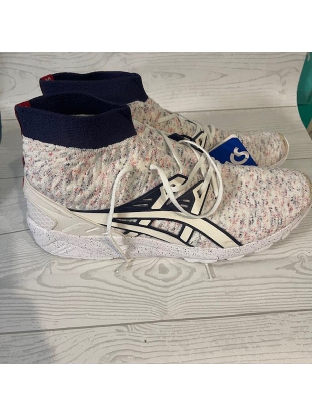 ASICS White Multi Knit High-Top Sneakers with Navy Collar
